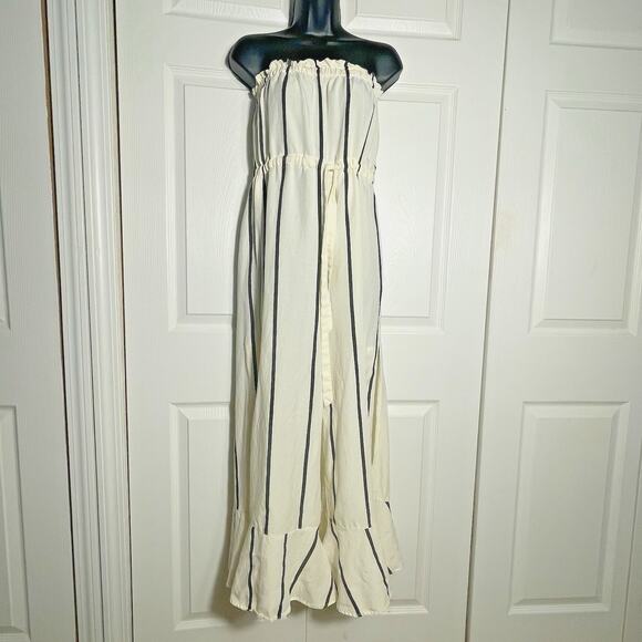 Anthropologie Sancia Jumpsuit Women Small Beige Stripe Linen Blend Wide Leg Slit - Picture 1 of 13